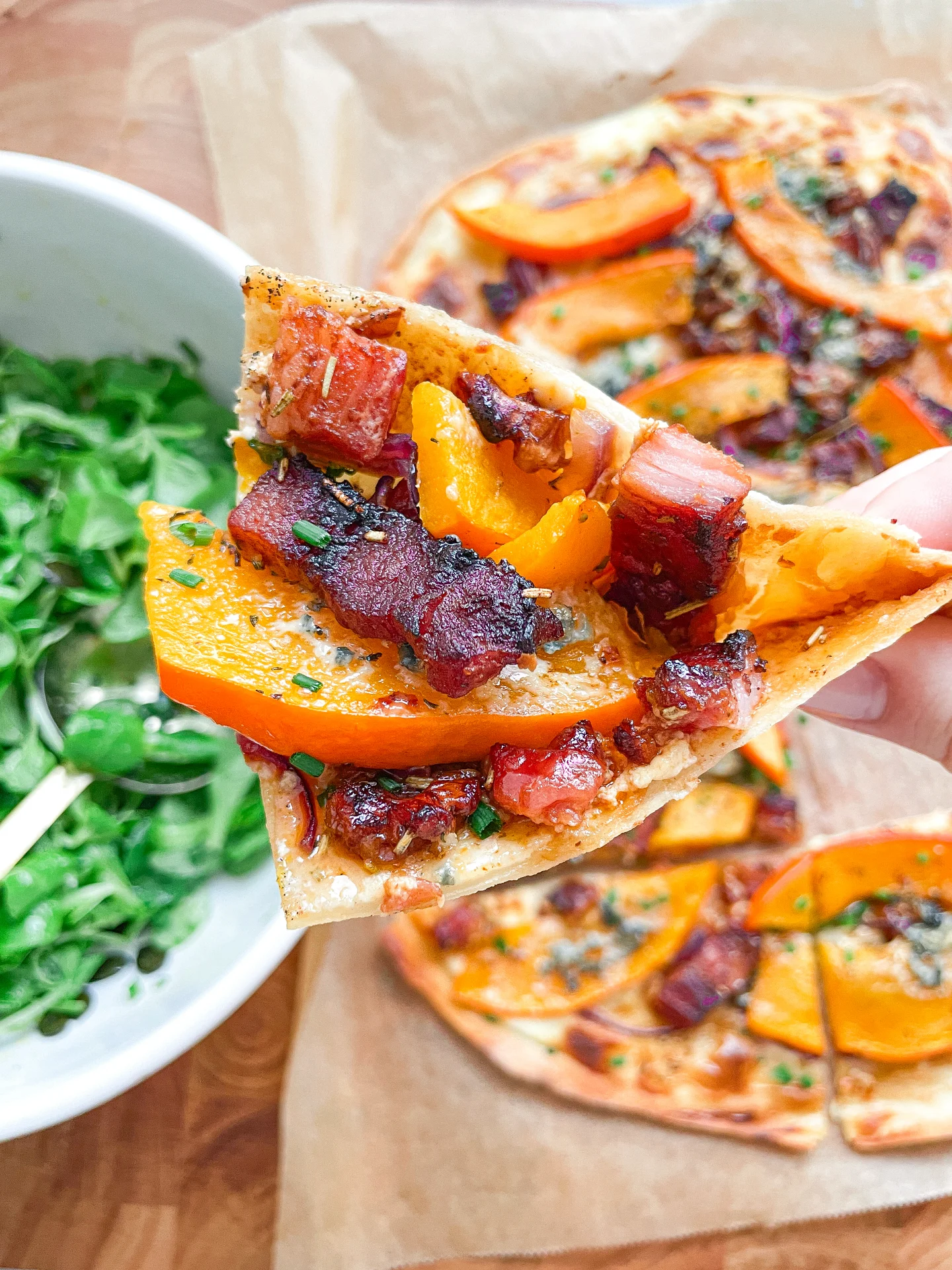 Pumpkin Tarte Flambée with Bacon Walnuts Gorgonzola & Lamb's Lettuce