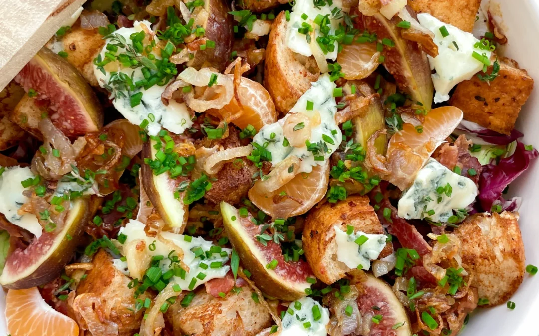 Brussels Sprout Salad with Bacon Figs and Chili Cinnamon Croutons