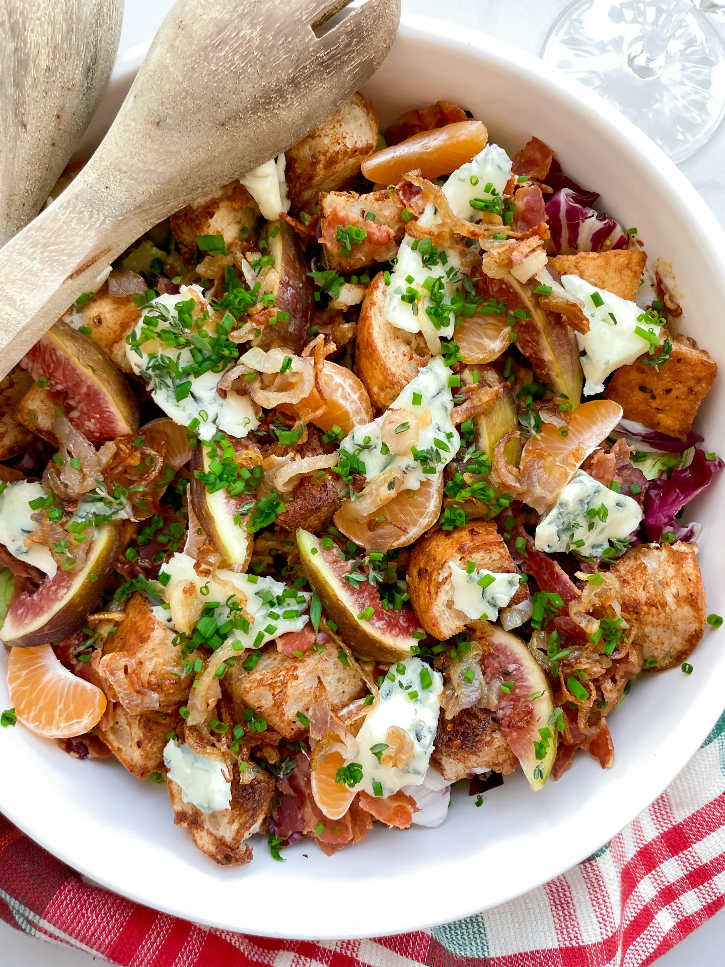 Brussels Sprout Radicchio Salad with Bacon, Figs, Tangerine, and Chili Cinnamon Croutons