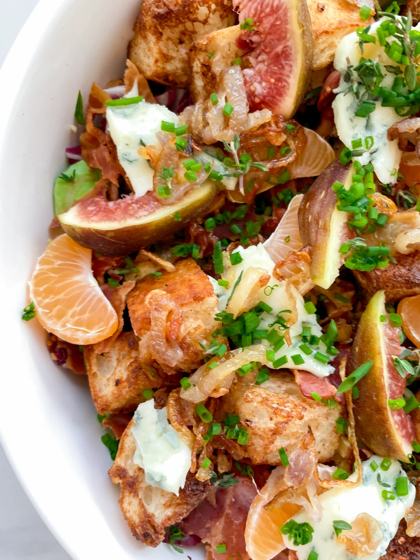 Brussels Sprout Radicchio Salad with Bacon, Figs, Tangerine, and Chili Cinnamon Croutons