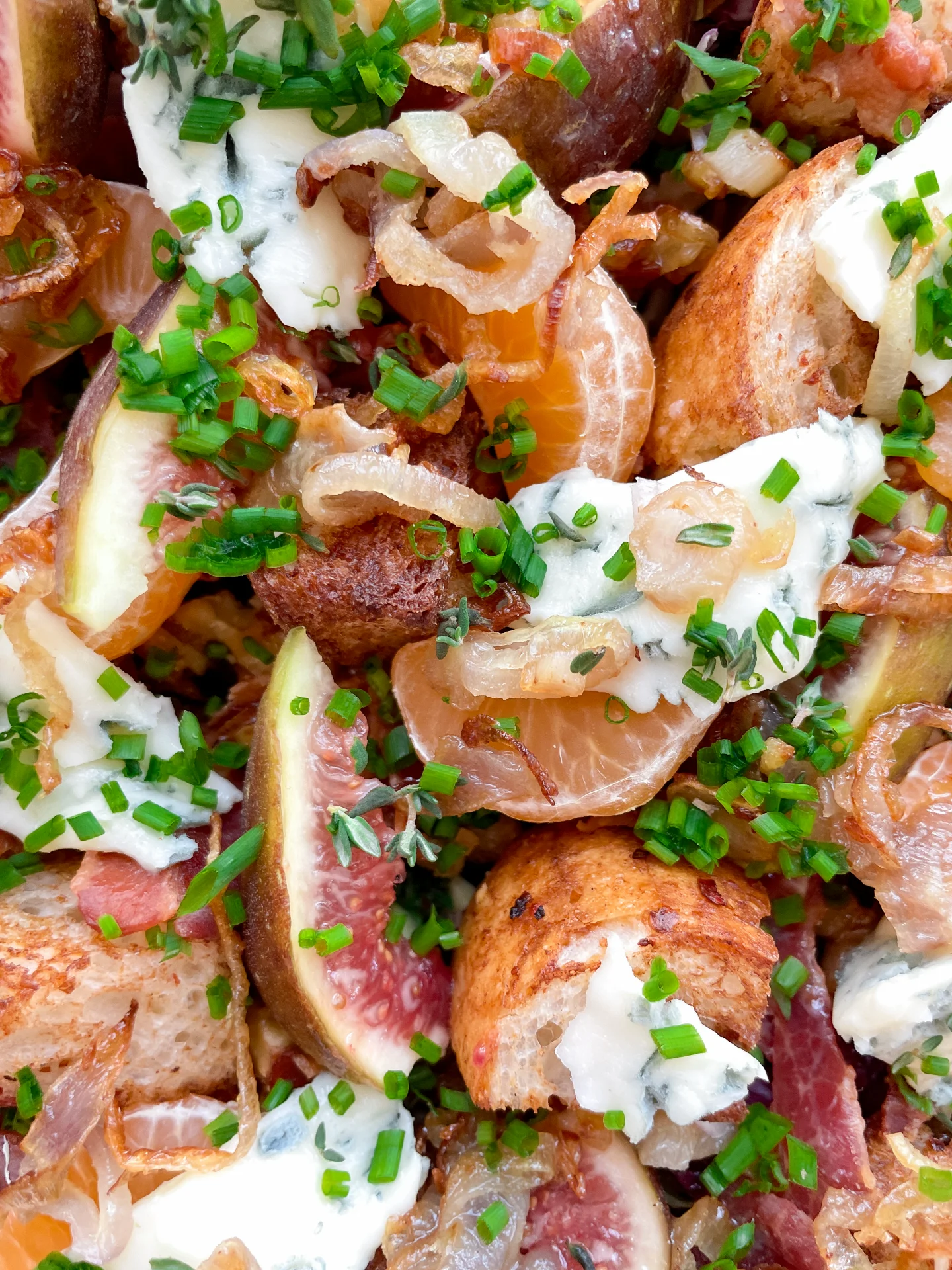 Brussels Sprout Radicchio Salad with Bacon, Figs, Tangerine, and Chili Cinnamon Croutons