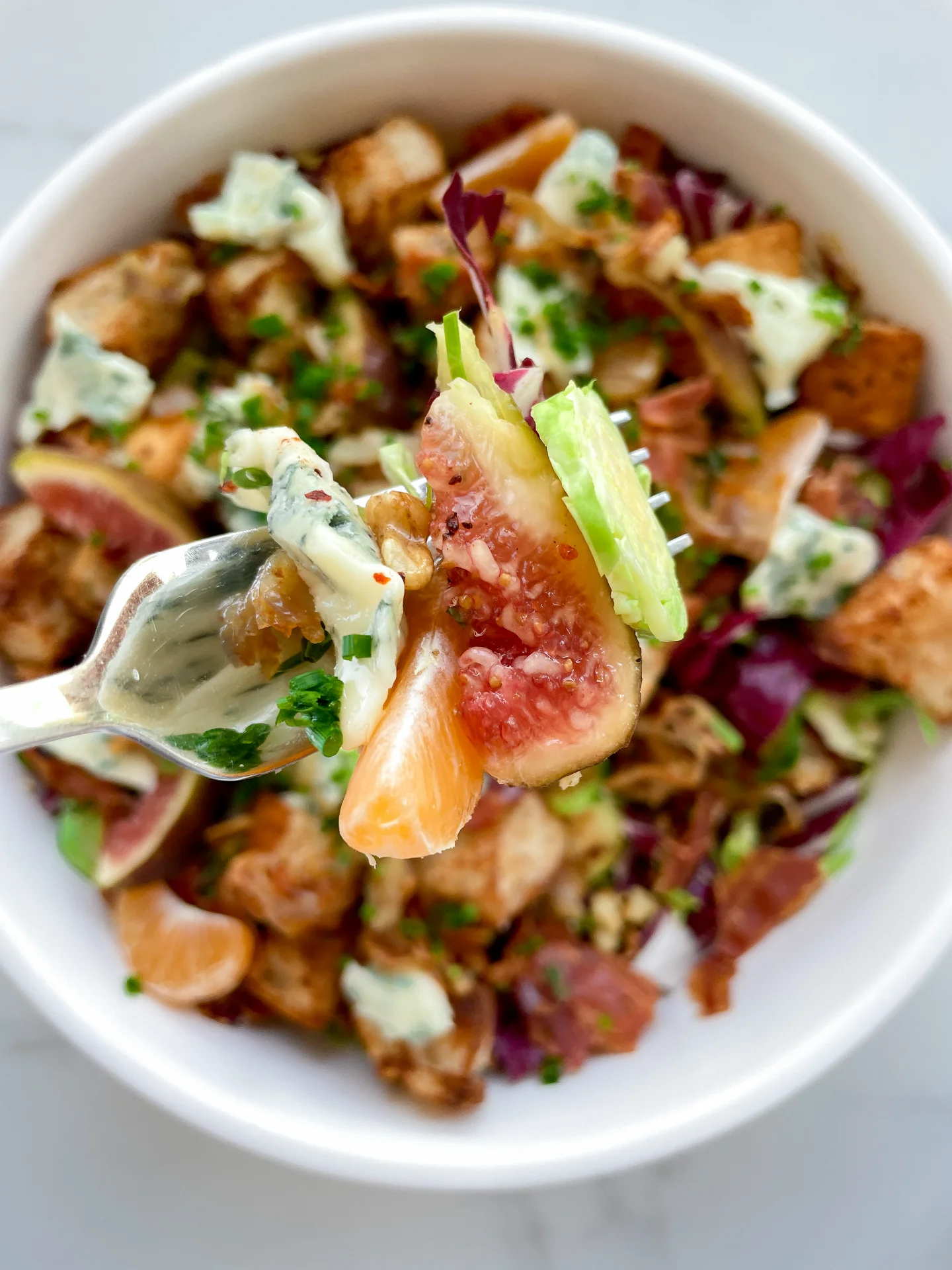 Brussels Sprout Radicchio Salad with Bacon, Figs, Tangerine, and Chili Cinnamon Croutons