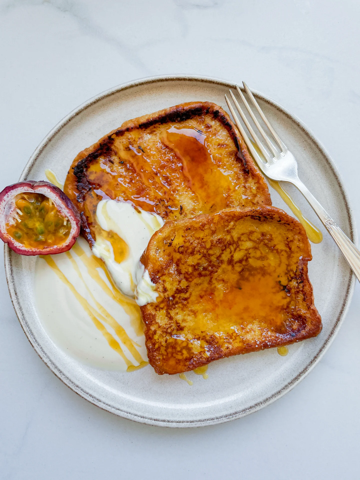 Caramalized French Toast with Vanilla Yogurt & Passionfruit Glaze