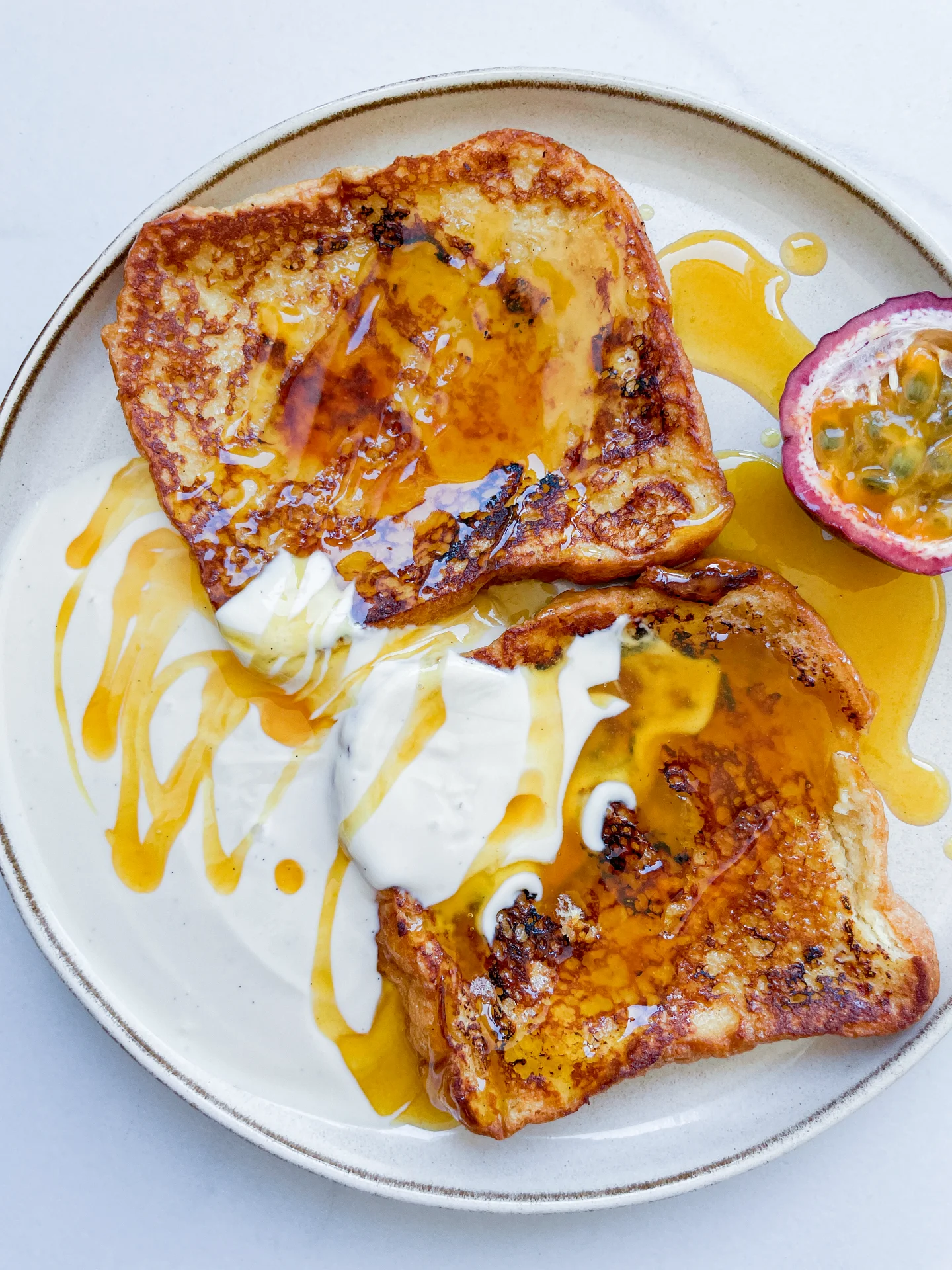 Caramalized French Toast with Vanilla Yogurt & Passionfruit Glaze