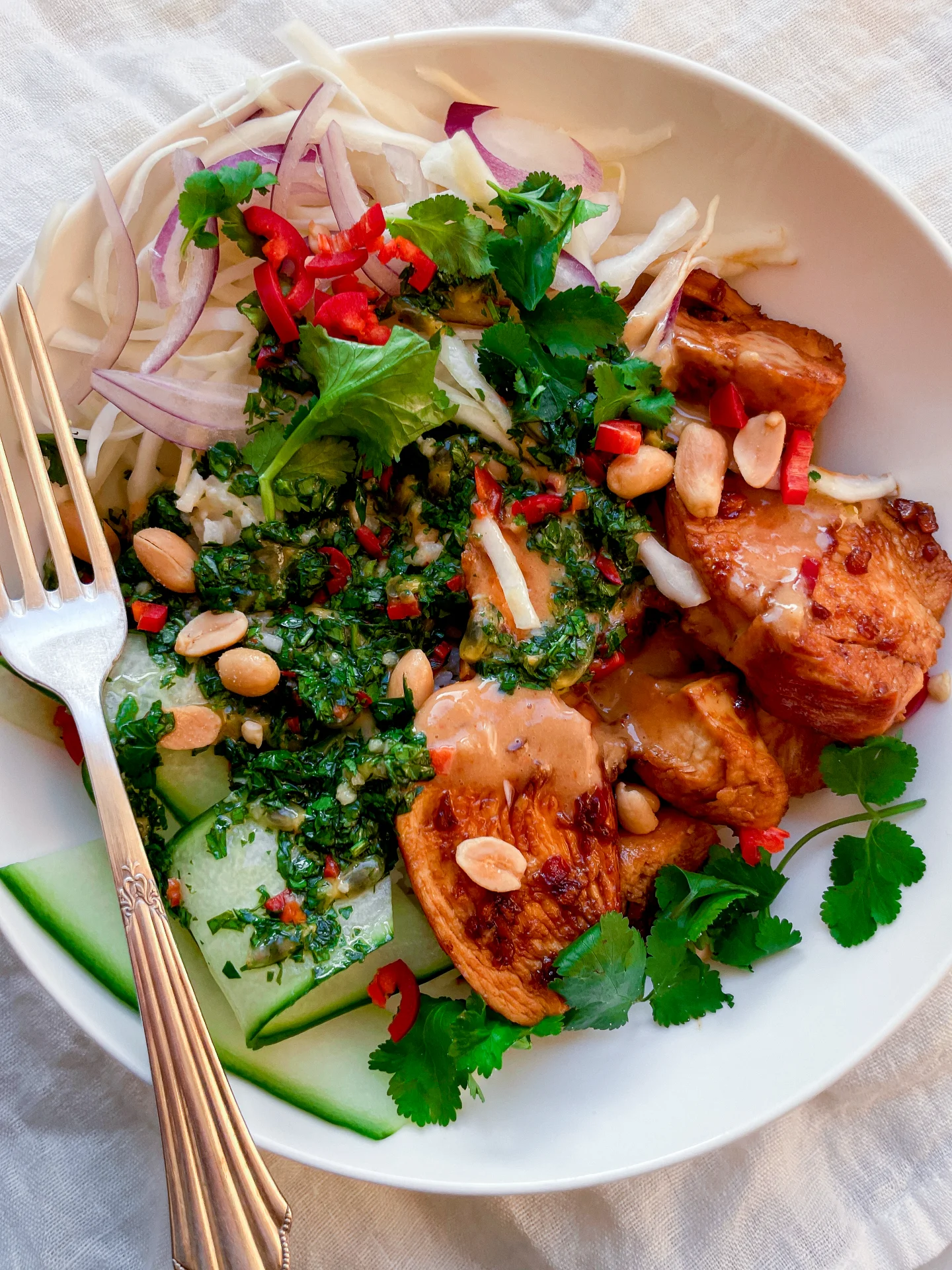 Coconut Rice Peanut Chicken Bowl with Passionfruit Gremolata