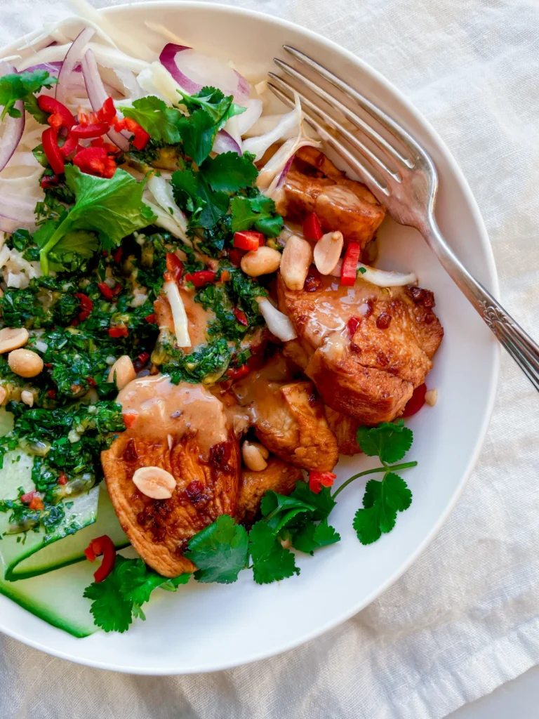 Coconut Rice Peanut Chicken Bowl with Passionfruit Gremolata
