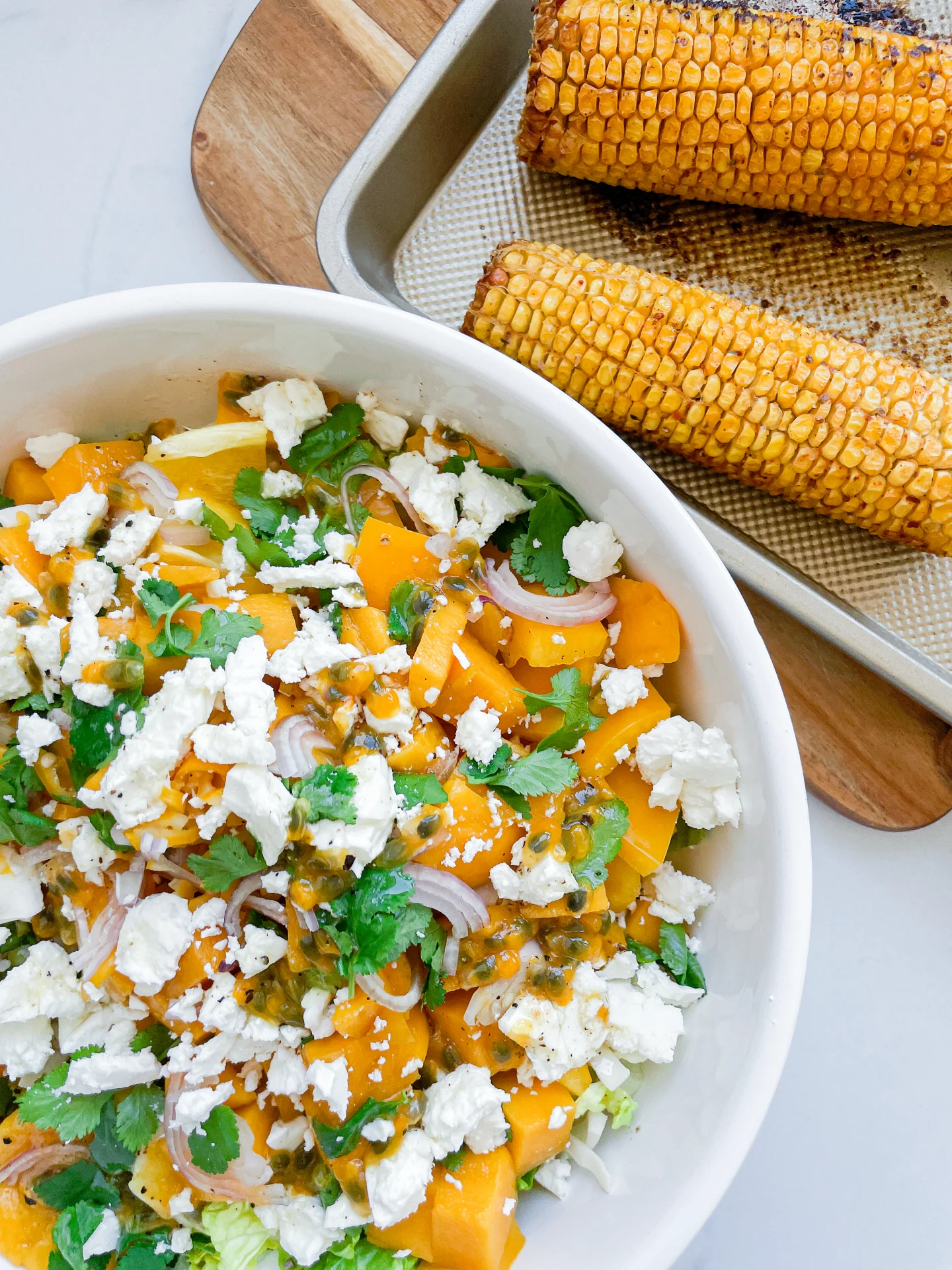 Mango Feta Salad with Passionfruit Cilantro Dressing & Oven-Roasted Corn on the Cob