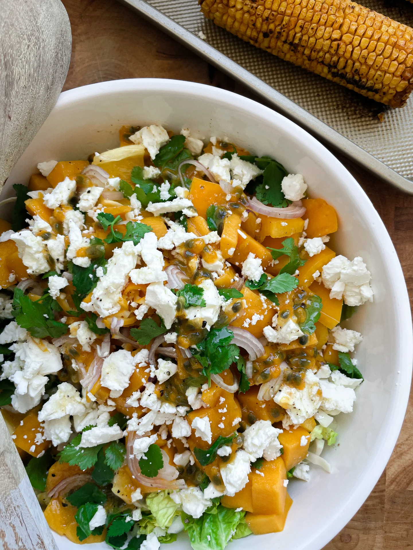 Mango Feta Salad with Passionfruit Cilantro Dressing & Oven-Roasted Corn on the Cob