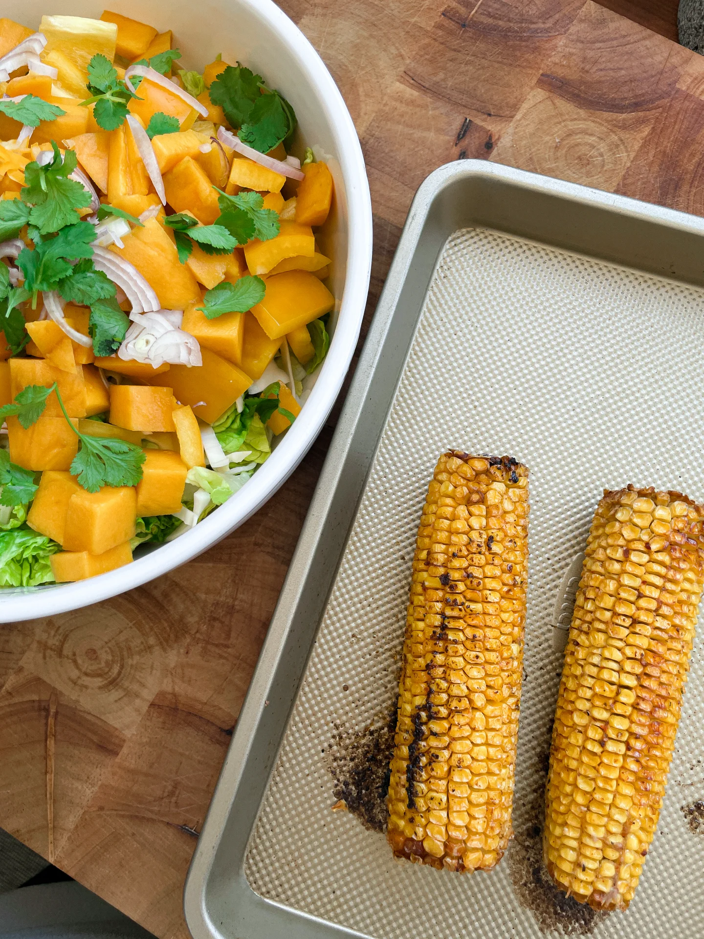 Mango Feta Salad with Passionfruit Cilantro Dressing & Oven-Roasted Corn on the Cob