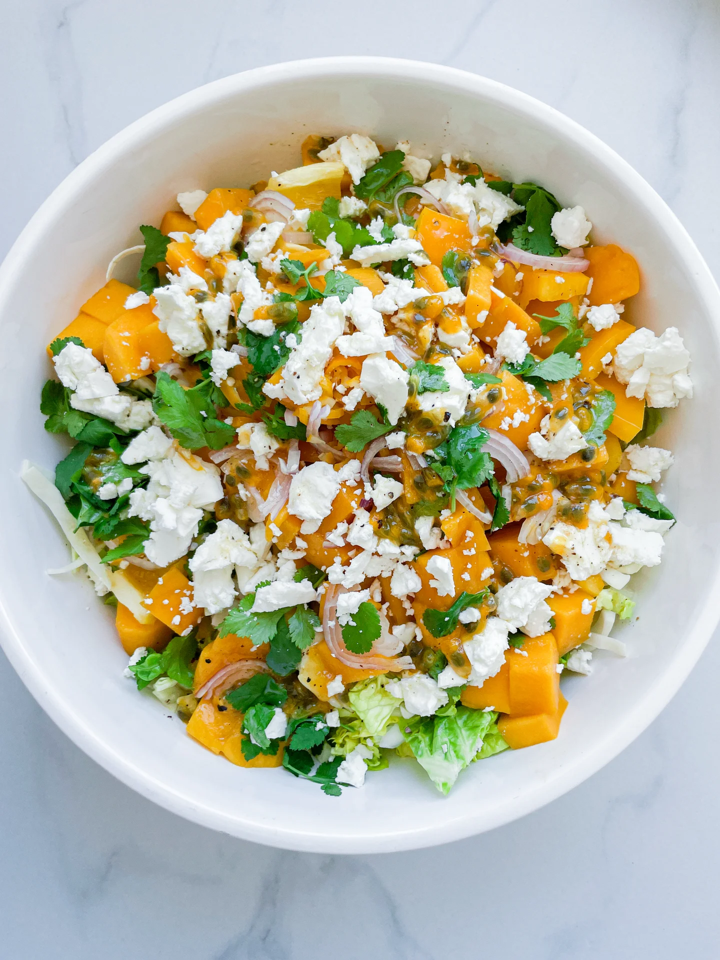 Mango Feta Salad with Passionfruit Cilantro Dressing & Oven-Roasted Corn on the Cob