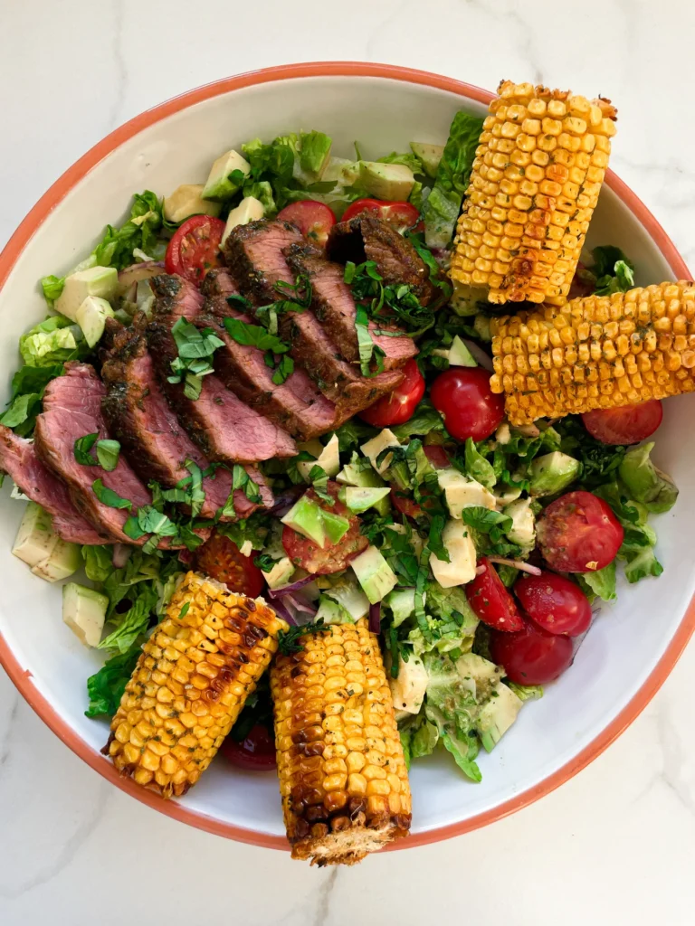 Steak Salad with Passionfruit Jalapeno Dressing & Oven-Roasted Corn on the Cob