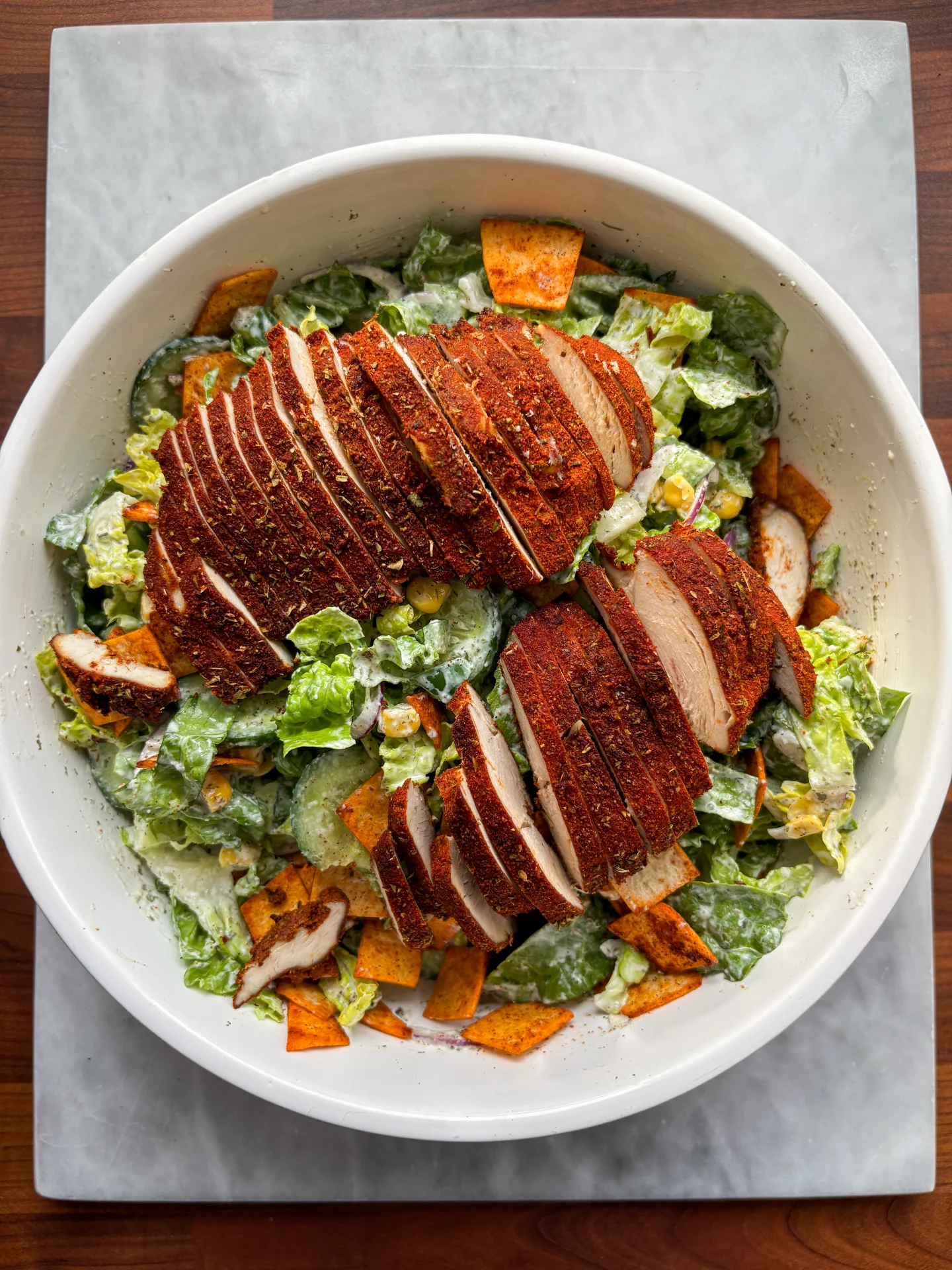 Crunchy Tortilla Blackened Chicken Bowl with Ranch Dressing