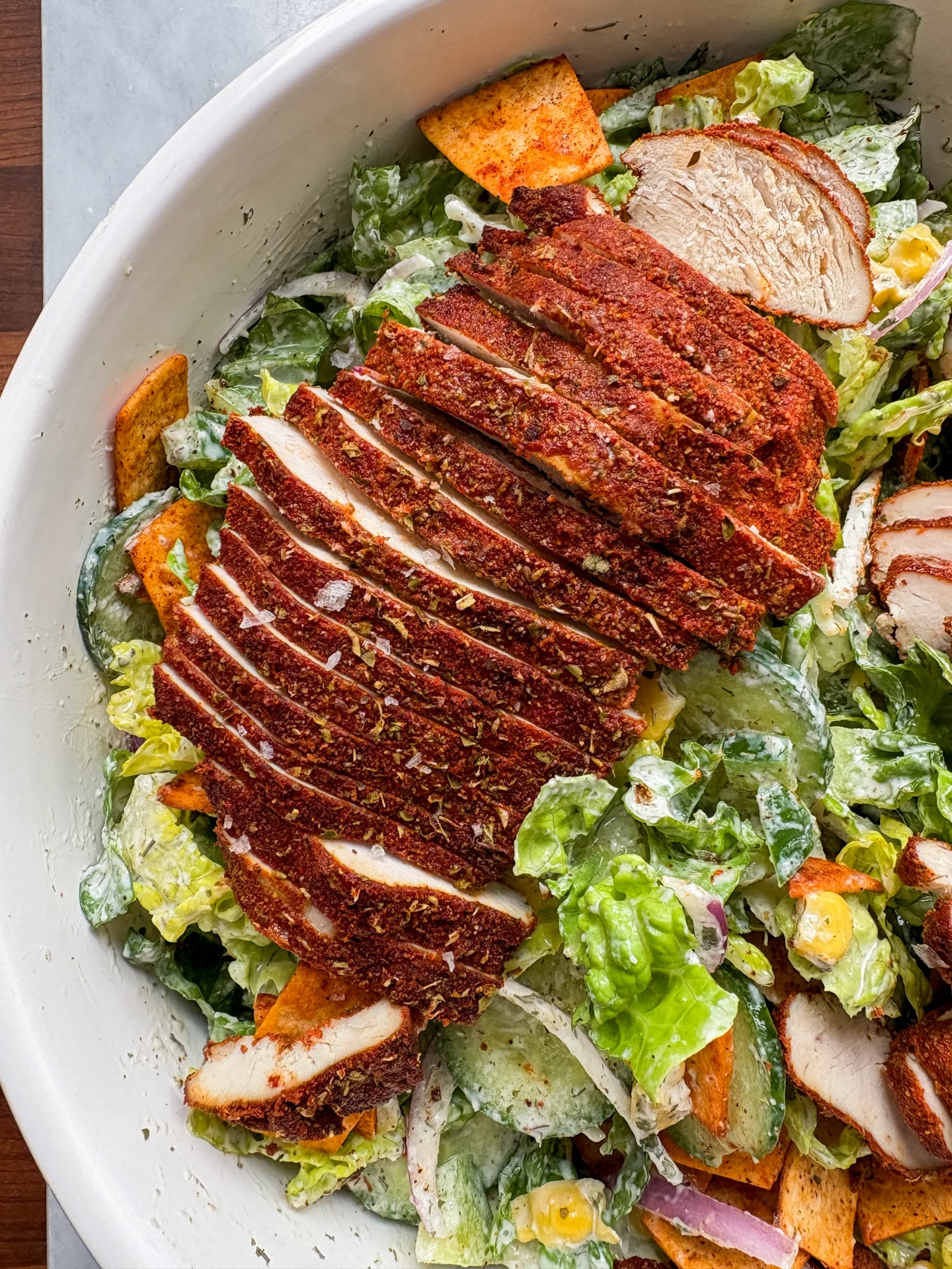 Crunchy Tortilla Blackened Chicken Bowl with Ranch Dressing