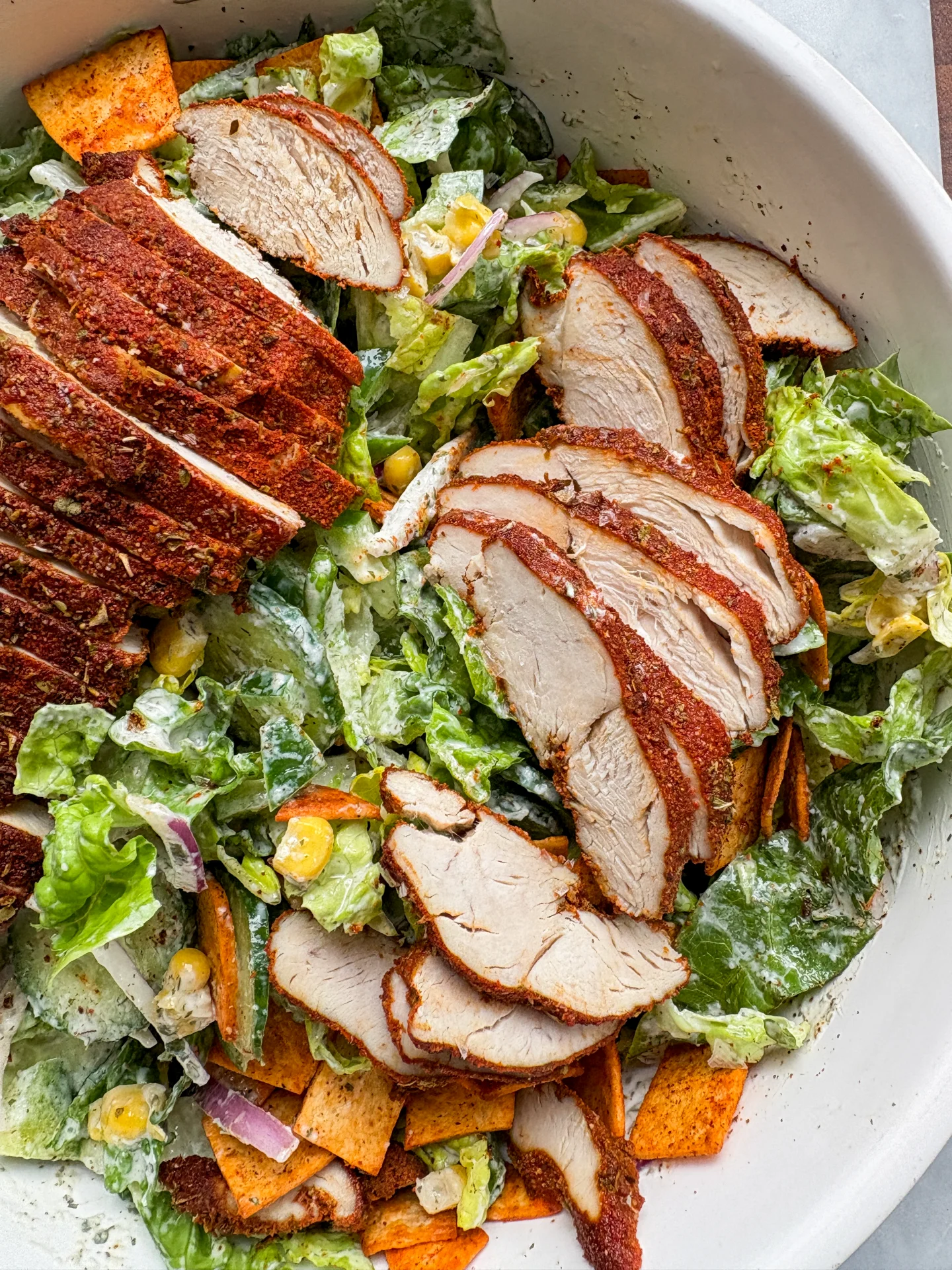Crunchy Tortilla Blackened Chicken Bowl with Ranch Dressing