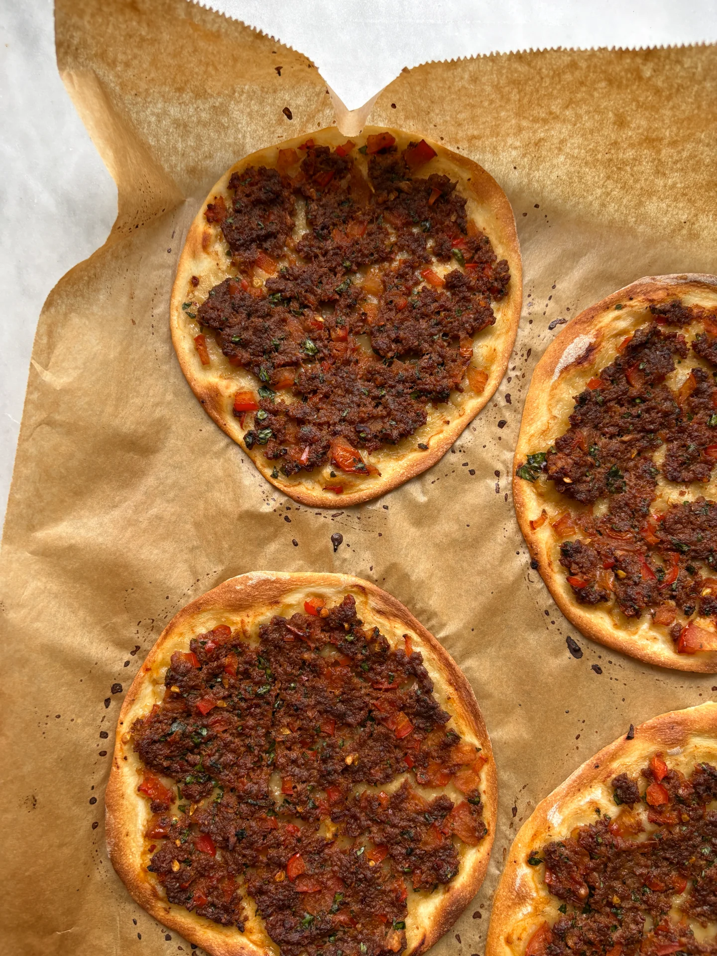Mini Turkish Lahmacun Flatbreads with Herb Garlic Sauce