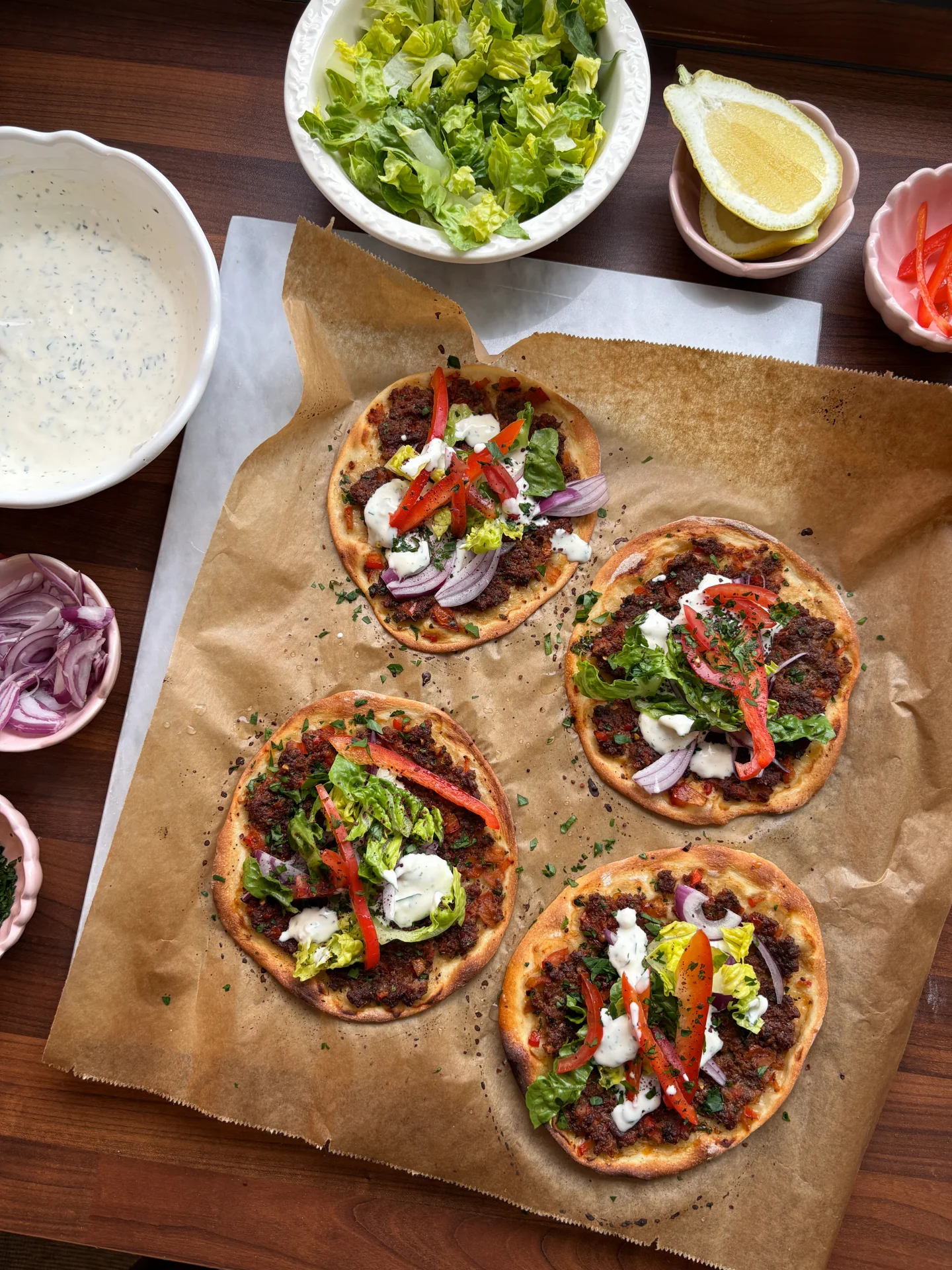 Mini Turkish Lahmacun Flatbreads with Herb Garlic Sauce