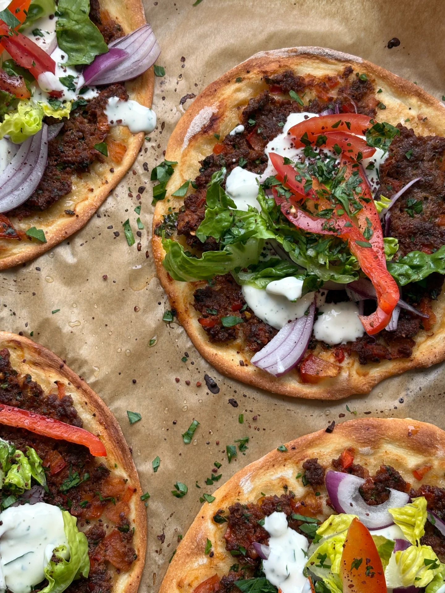Mini Turkish Lahmacun Flatbreads with Herb Garlic Sauce